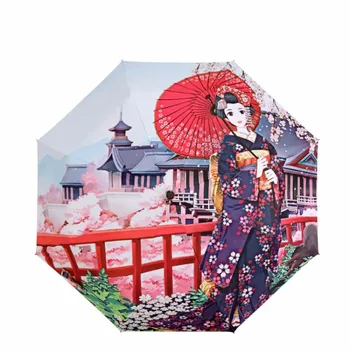 

Geisha Kimono Japanese Sun Umbrella Art Girl Three Folding Umbrella Wind Resistant Waterproof Pencil Travel Umbrella U5B191