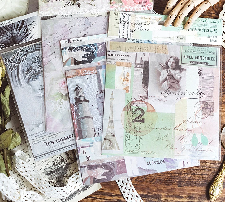 

1PACK=4DESIGNS=8PCS Creative Vintage Fashion Background Decoration Sticker 16.5*16.5cm DIY Journal Diary Decoration Supplies