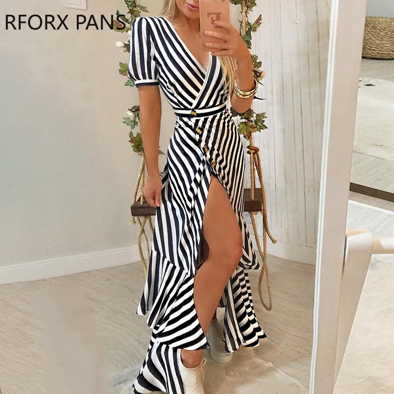

Striped Slit Irregular Ruffles Hem Dress Women Casual Dress