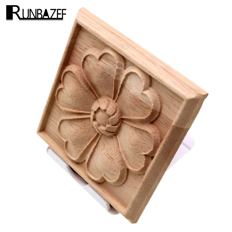 RUNBAZEF Exquisite Classic Rubber Wood Carved Applique Furniture Natural Square Decal Home Decoration Accessories Ornaments