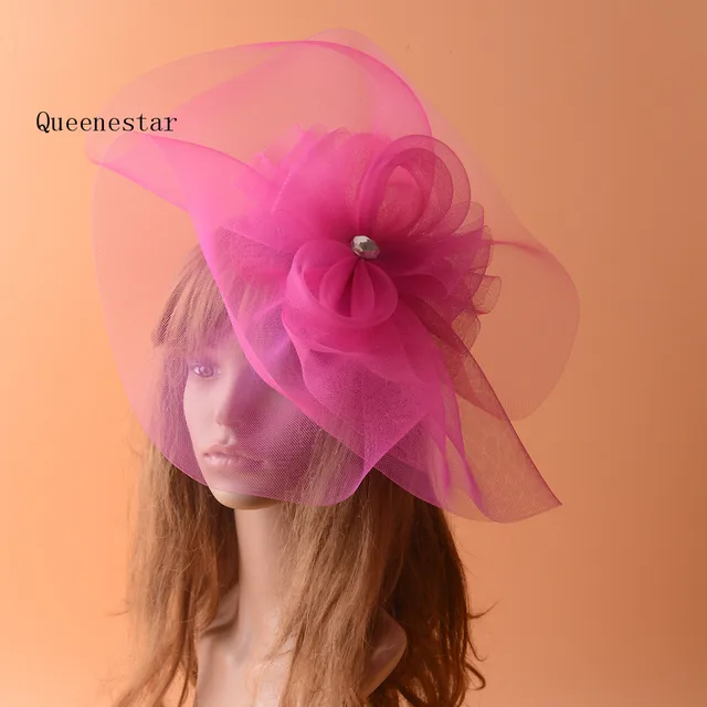 Large Mesh Feather Rhinestone Headwear Flower Hairpin Hot Pink Large Mesh Feather Rhinestone Headwear Flower Hairpin Hot Pink Wedding Fascinator Hats Bridal Hair Accessories Chapeu