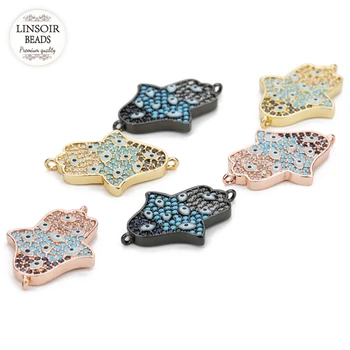 

Linsoir 1Pcs/lot Golden Color Fatima Hand Pendants CZ Paved Connectors Charms Pendant For Bracelet Diy Jewelry Making