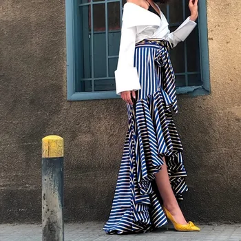 

2019 Women High Waist Irregular Casual Skirt Bow Tie Ruffles Striped Skirt Belt Asymmetrical Maxi Skirt