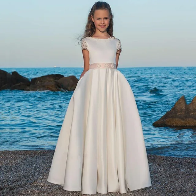 White Satin A-Line Floor-Length Short sleeve Girls Pageant Dresses First Communion Dresses For Girls Flower Girl Dresses 1