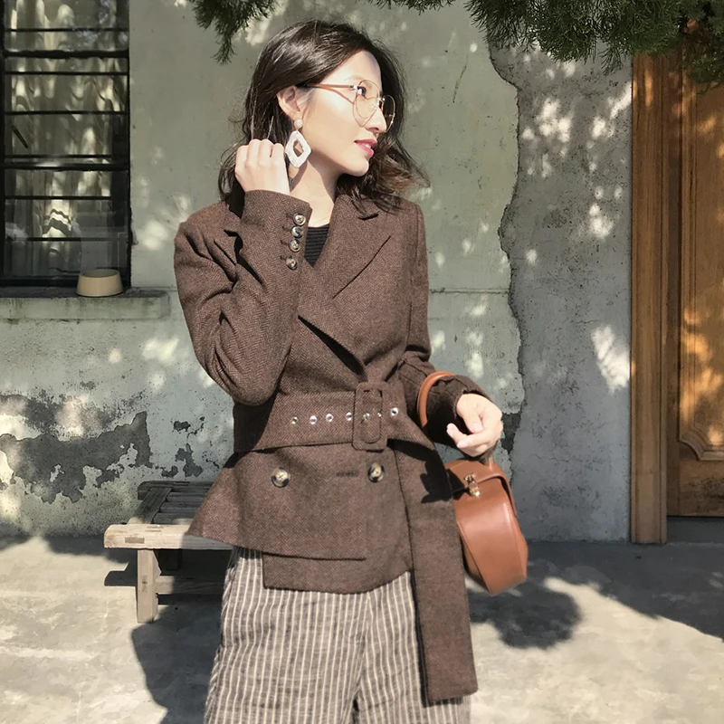 KoHuiJoo Autumn Winter Short Wool Coat Women Slim Belted Fashion Office Ladies Elegant Cashmere Blazer Coats Jacket Female