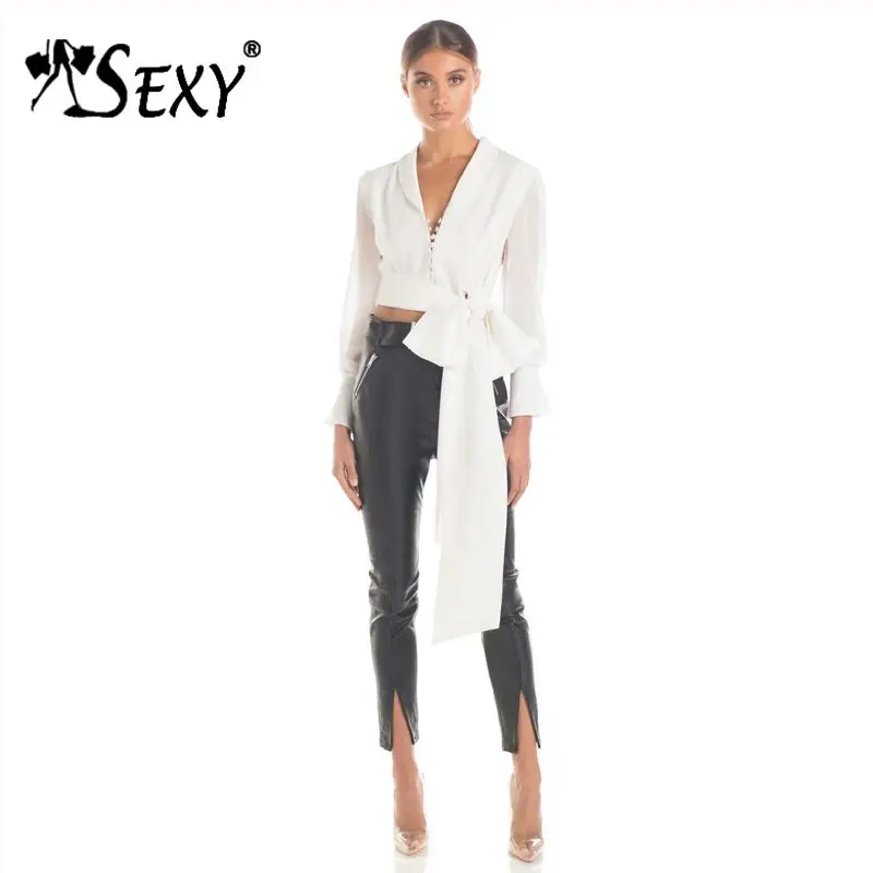 

Gosexy 2019 New Tops Lapels Buttoned Up Mesh Long Sleeves Cropped Tops Bow Knotted Detailing Women Party Fashion Shirts