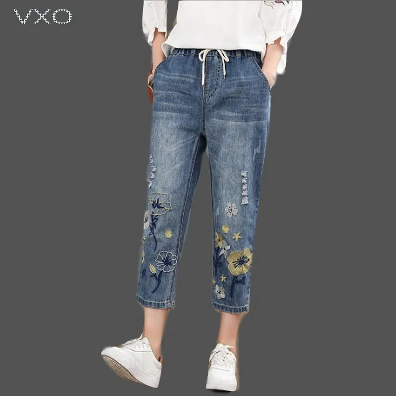 

VXO 2019 Women's embroidered elastic waist casual jeans Washed mid-rise women's Harlan jeans Girl's cropped jeans elastic waist
