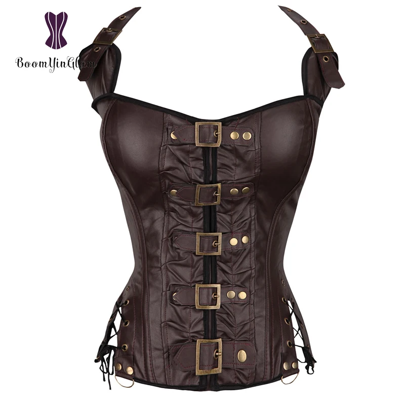 Black/Brown Slimming Body Shapewear Women's Punk Rock Faux Leather Buckle-up Halter Corset Bustier Basque With G-string 901#