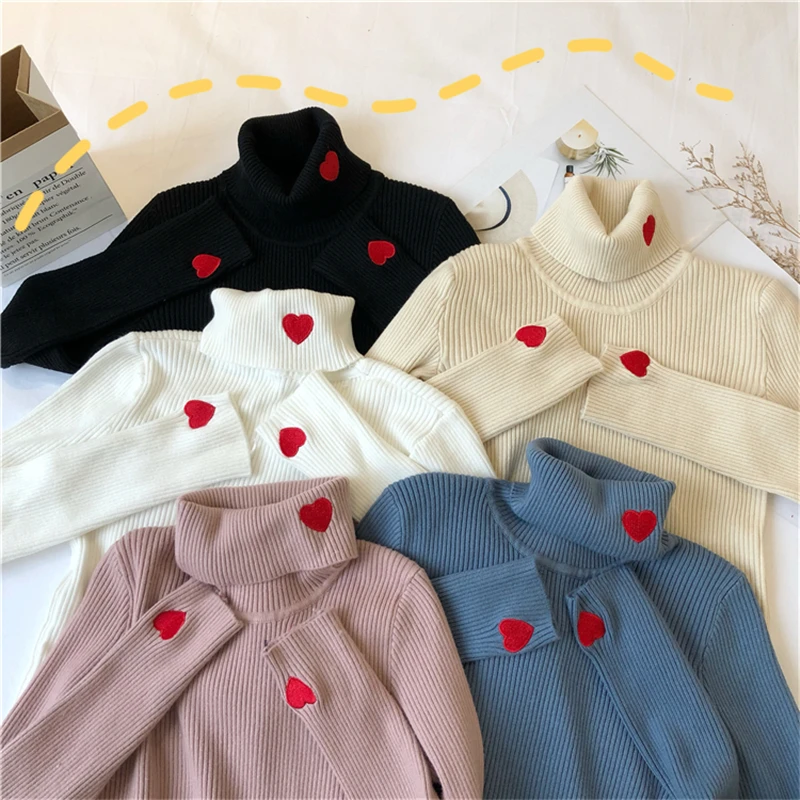 OllyMurs Autumn Winter Women Turtleneck Knitting Sweaters Elastic Slim Bodycon Sweater Heart Embroidery Ladies Warm Top Knitwear