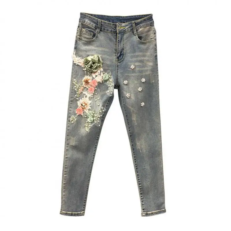 

Summer Spring Fashion Women Applique Flower Pearls Embroidery Skinny Pencil Denim Trousers , Fall Woman Embroidered Jeans Pants