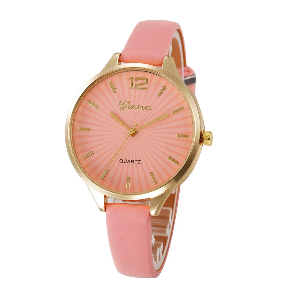 

Hot New Geneva Watch Women Casual Faux Leather Band Analog Quartz Wrist Watch Ladies Dress Slim Strap Colorful Clock 100pcs/lot