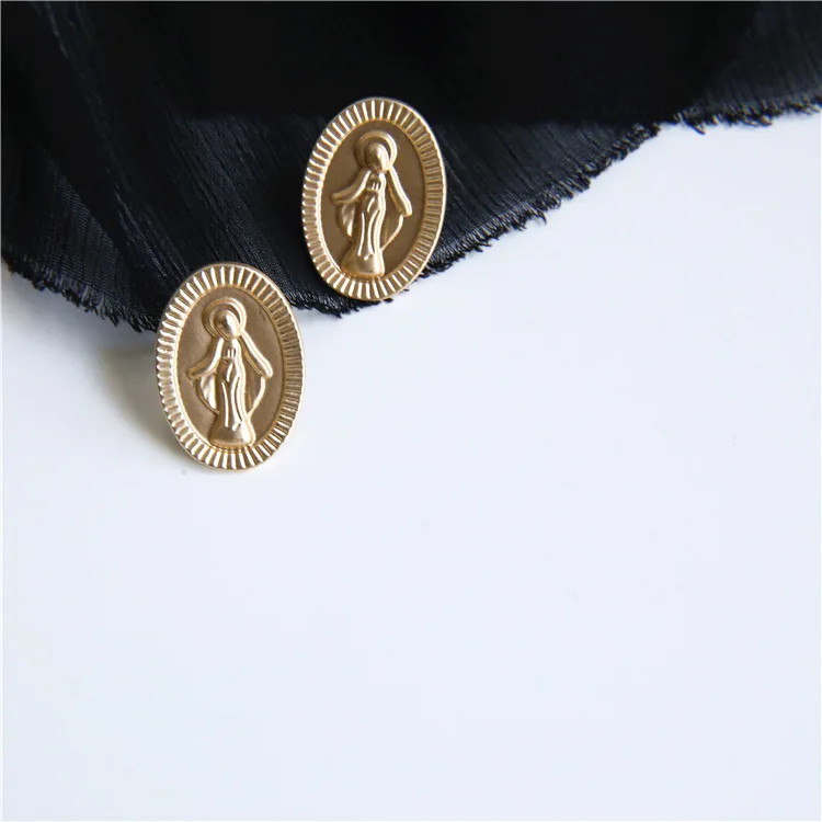 Винтажные золотые матовые серьги гвоздики Mary Portrait Coins для женщин с круглыми