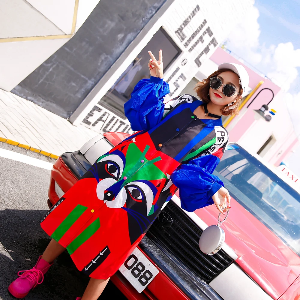 2019 Spring new arrival cartoon fox print loose thin long coats women fashion puff sleeve coats