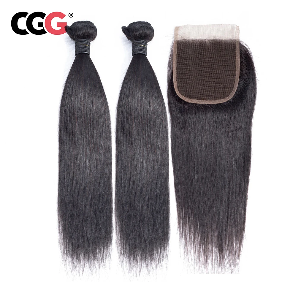 

CGG Hair Extensions Human Hair Bundles With Closure Straight 2 Bundles Malaysian Non-Remy Hair Weave Natural Color