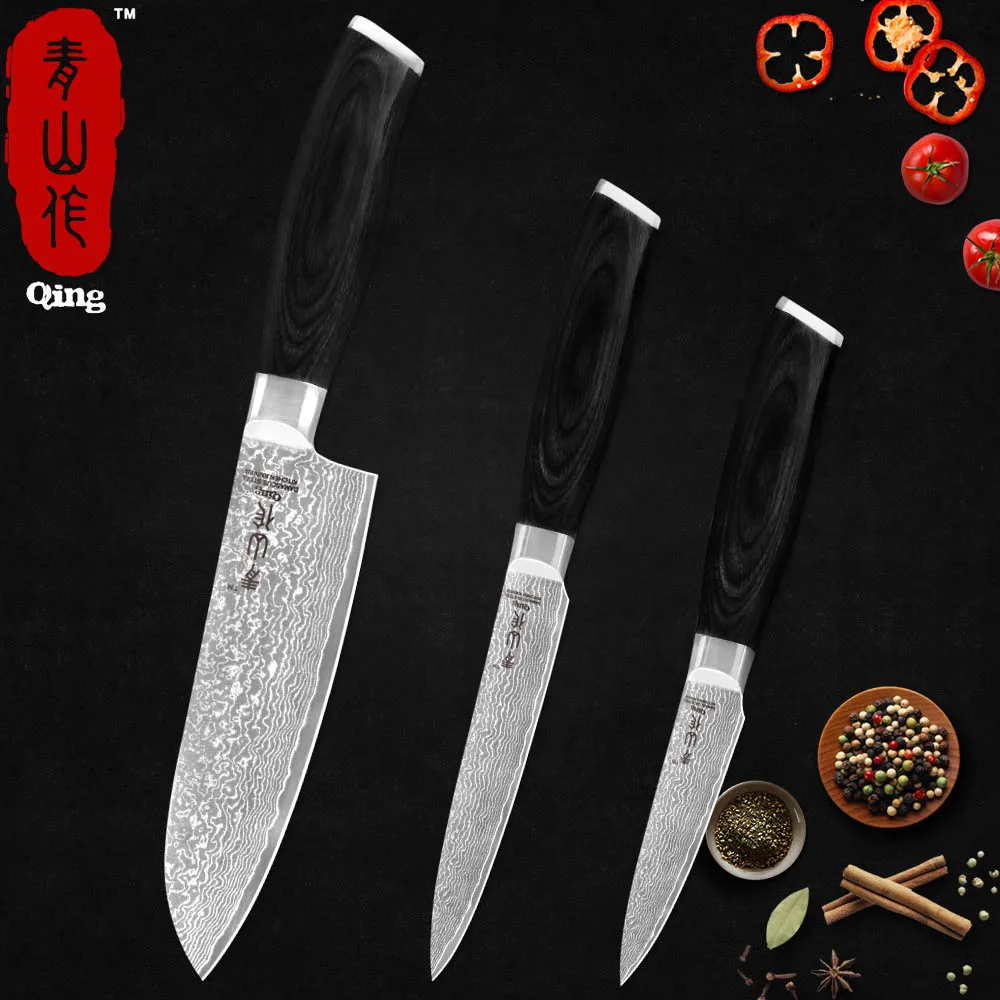 

QING 3.5"5"7" inch Paring Utility Japanese Cook's Chef Knife Japan Damascus Steel Kitchen Knife Sets 3-piece Santoku Cutlery