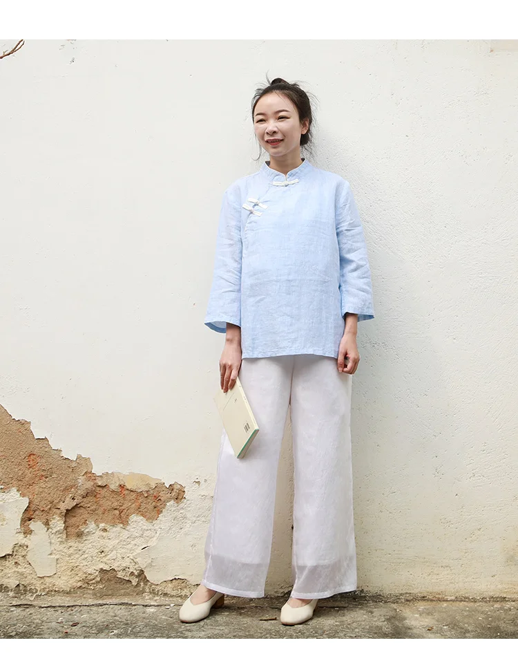 Women's Linen Chinese Style 34 Sleeve Blouse Qipao Top Shirt  (20)