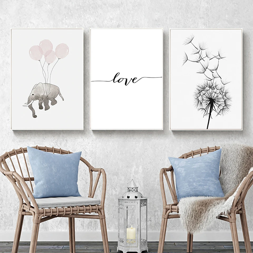 Small-Clean-Cute-Cartoon-Elephant-Balloon-Dandelion-Simple-Nordic-Canvas-Painting-Poster-Home-Picture-Wall-Decoration