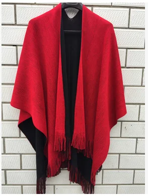 Большие размеры Deversible женские зимние вязаные кашемировые Пончо Накидки шаль кардиганы свитер пальто - Цвет: Red with Black