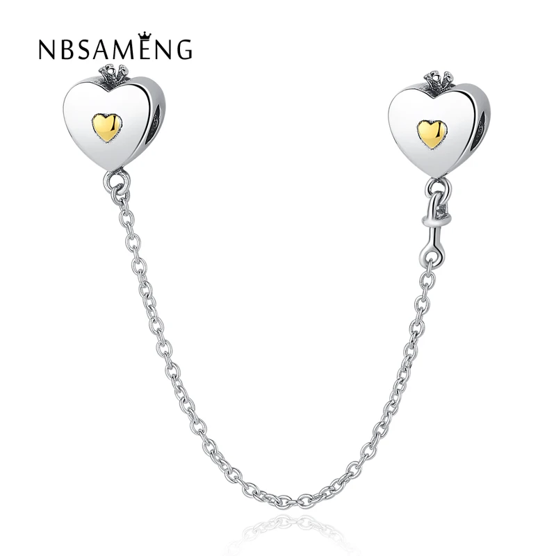 

Original s925 Sterling Silver Gloden Heart & Crown Safety Chain DIY Bead Charms Fit Pandora Women Bracelets & Bangles Jewelry
