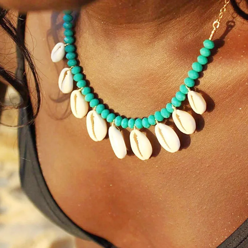 

Turquoises Choker Cowrie Shell Beaded Statement Necklace Women Sea Shells Surf Girl Beach Jewelry Boho Summer Gifts for Her