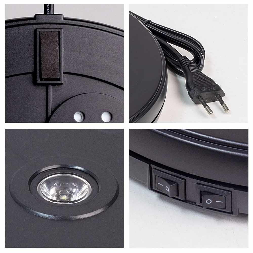 25cm Diameter Black Heavy Duty Rotating Display Stand Rotary Turntable with LED Light (10KG Centric Loading Capacity)