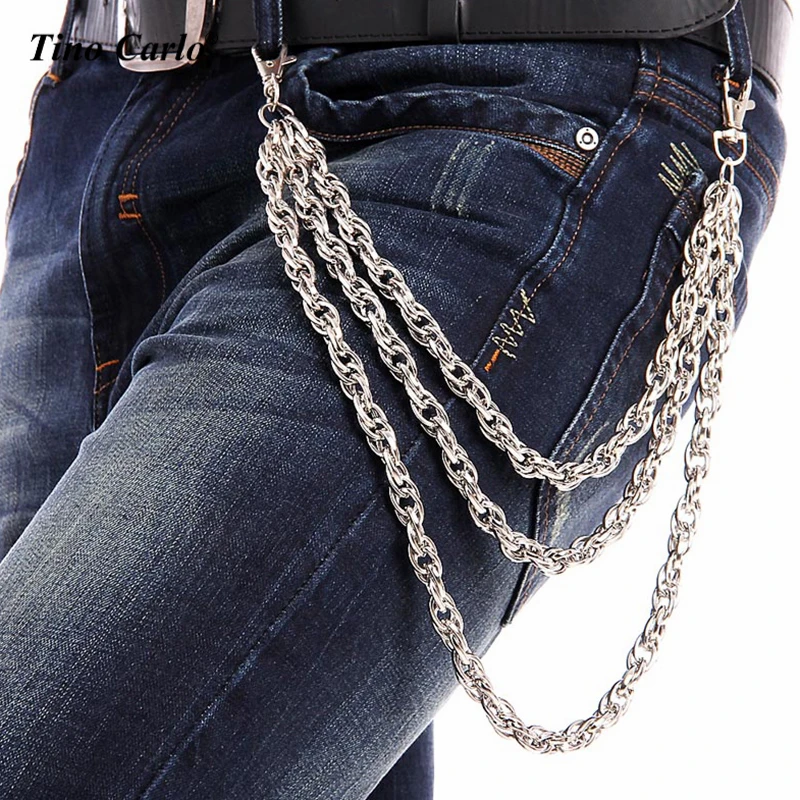 Men Three Strands Silver Metal Twist Wallet Key Chain Fashion Rock