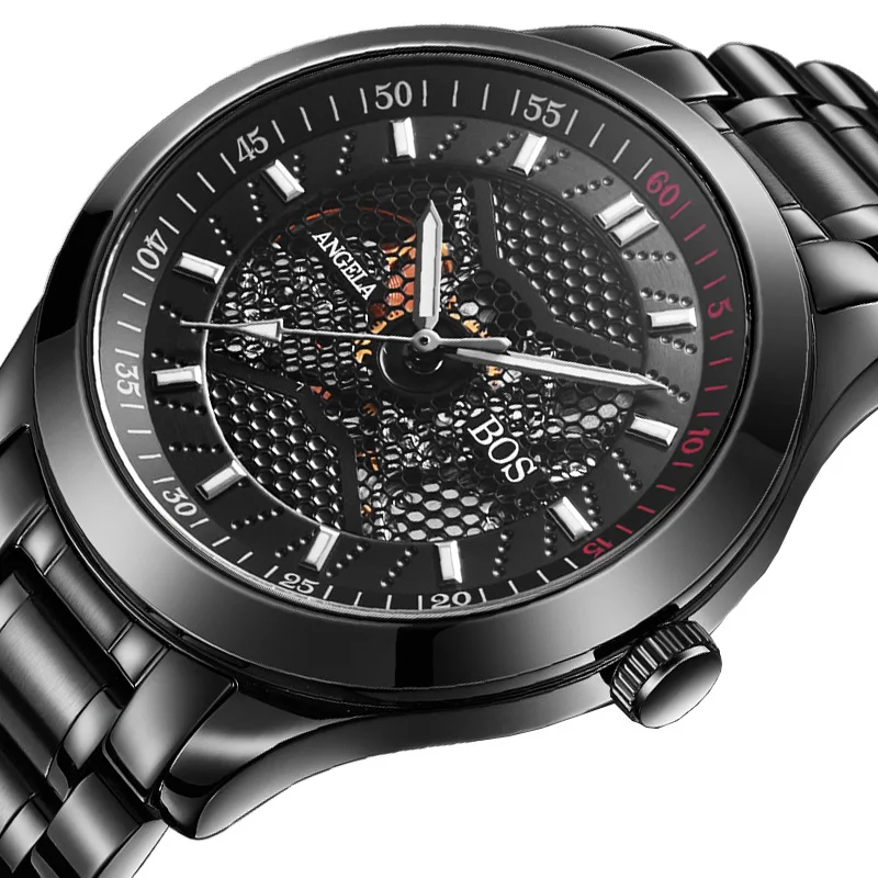 

ANGELA BOS Luxury Brand Black Mechanical Skeleton Self Wind Automatic Men Watch Waterproof Stainless Steel Leather Sport Watches
