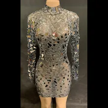 Черное Сетчатое платье с мигающими зеркалами, женские костюмы для танцев на день рождения, вечерние костюмы для ночного клуба, цельнокроеное платье для певицы