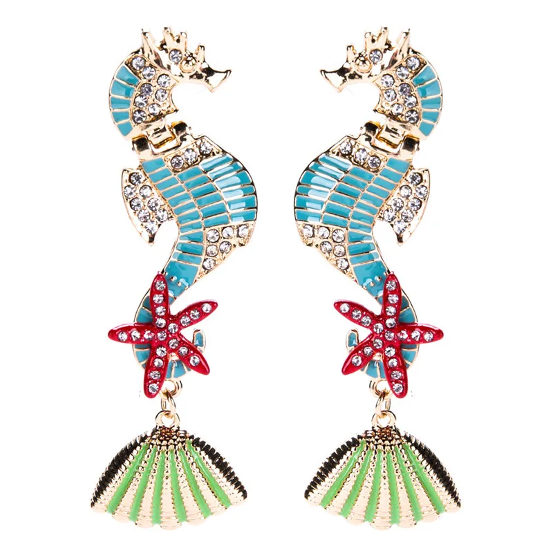 

Sea Horse Pattern Dangle Earrings for Female Punk Personalized Starfish Rhinestone Luxury Beach Party Decoration ET234