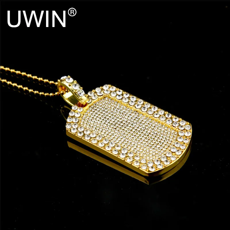 

UWIN Men Hip hop Jewelry Bling Smooth Army Card Pendant Lced Out Bling Rhinestone gold Silver Dog Tag Pendant Necklace chain set