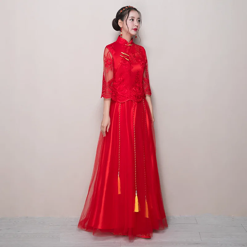 Красный китайский традиционный свадебное платье Cheongsam Qipao длинные восточные Стиль платья Китай Костюмы Вышивка халат