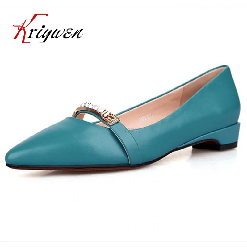 

2015 Genuine leather New Fashion Hot Women lady Pointed Toe Loafers Flats Ballet Ballerina Flat crystal Shoes red blue Color