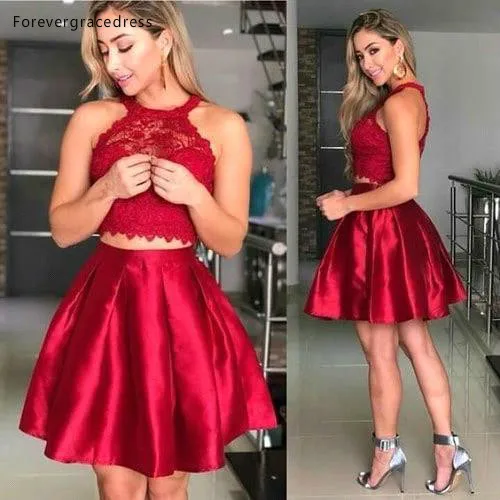 Hot Sell Burgundy Two Pieces Homecoming Dresses A Line Halter Neck Appliques Top Knee Length Sweet 15 Graduation Cocktail Gowns BA9965  105