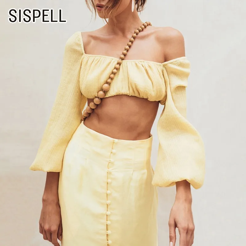

SISPELL Summer Shirt Top Female Slash Neck Off Shoulder Lantern Sleeve Short Length Slim Blouse Women Fashion New Beach Style