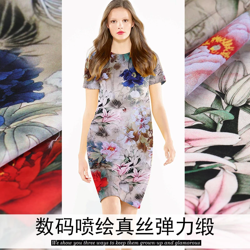 

108cm digital inkjet stretch silk satin fabric 19mm soft breathable bedding half skirt dress silk fabric wholesale silk cloth
