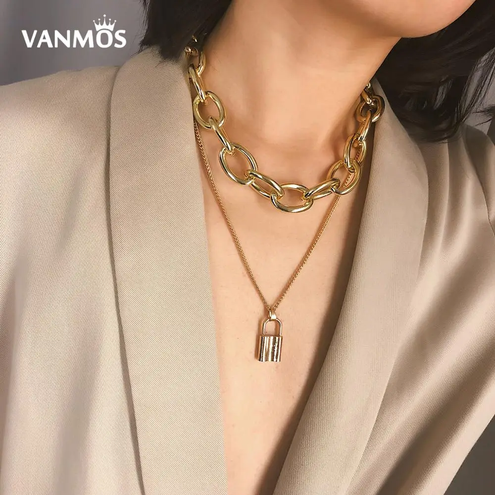 

Vanmos Large Chain Lover's Lock Pendant Choker Necklace Vintage Punk Neck Collar Fashion Charm Women Statement Jewelry Gift