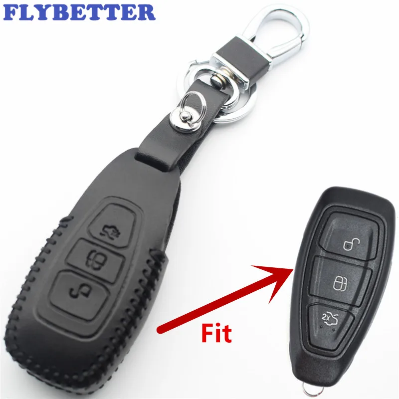 

FLYBETTER Genuine Leather 3Button Smart Key Case Cover For Ford Focus/C-Max/Mondeo/Kuga/Fiesta/S-Max/Grand Car Styling L2212