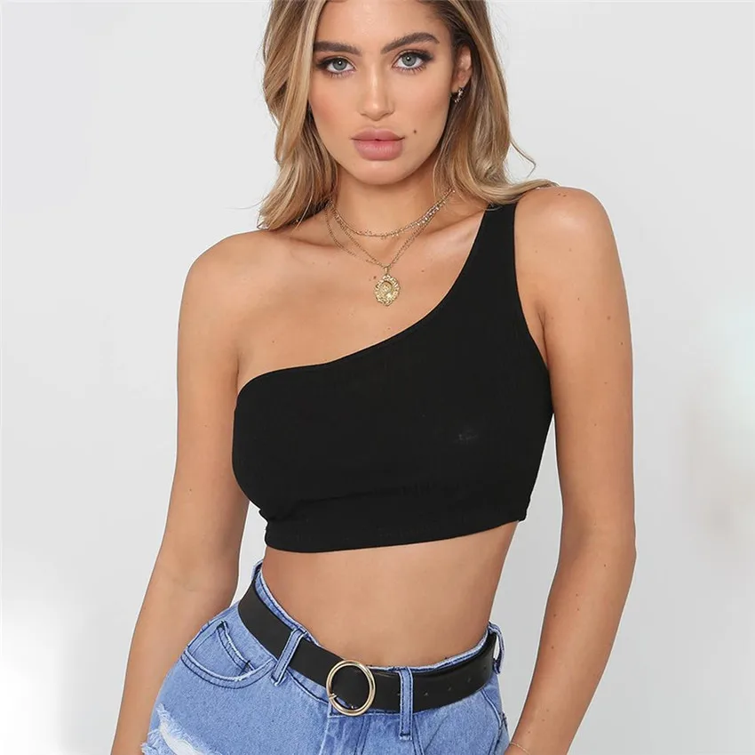 2019 New Fashion Women Summer Tank Tops Solid Color Top Sexy One Shoulder Bustier Bra Tank Top Shirt Women's Clothes TS26