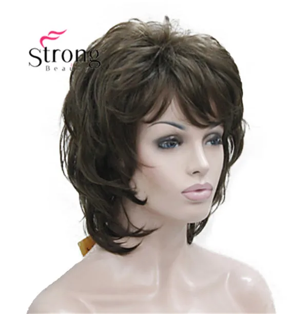 E-3008 #8 new light chestnut brown medium length cascaded layers synthetic hair women s full wig (3)