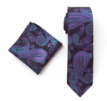 

New Fashion Men Silk Necktie Set Purple Paisley Ties with Hanky