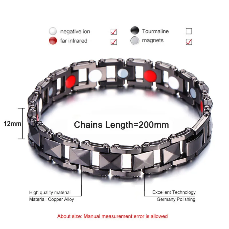 Черный отрицательных ионов Дальнего Инфракрасный браслет Для мужчин ручной цепи энергии оздоравливающий Магнитный браслет для Для женщин Для мужчин Медь силовые браслеты