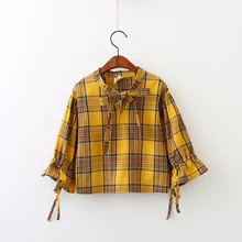 Осенне-весенняя клетчатая одежда для маленьких девочек; детские блузки с длинным рукавом и бантом; оптовые бутики принцессы; одежда для детей; 6 шт/лот