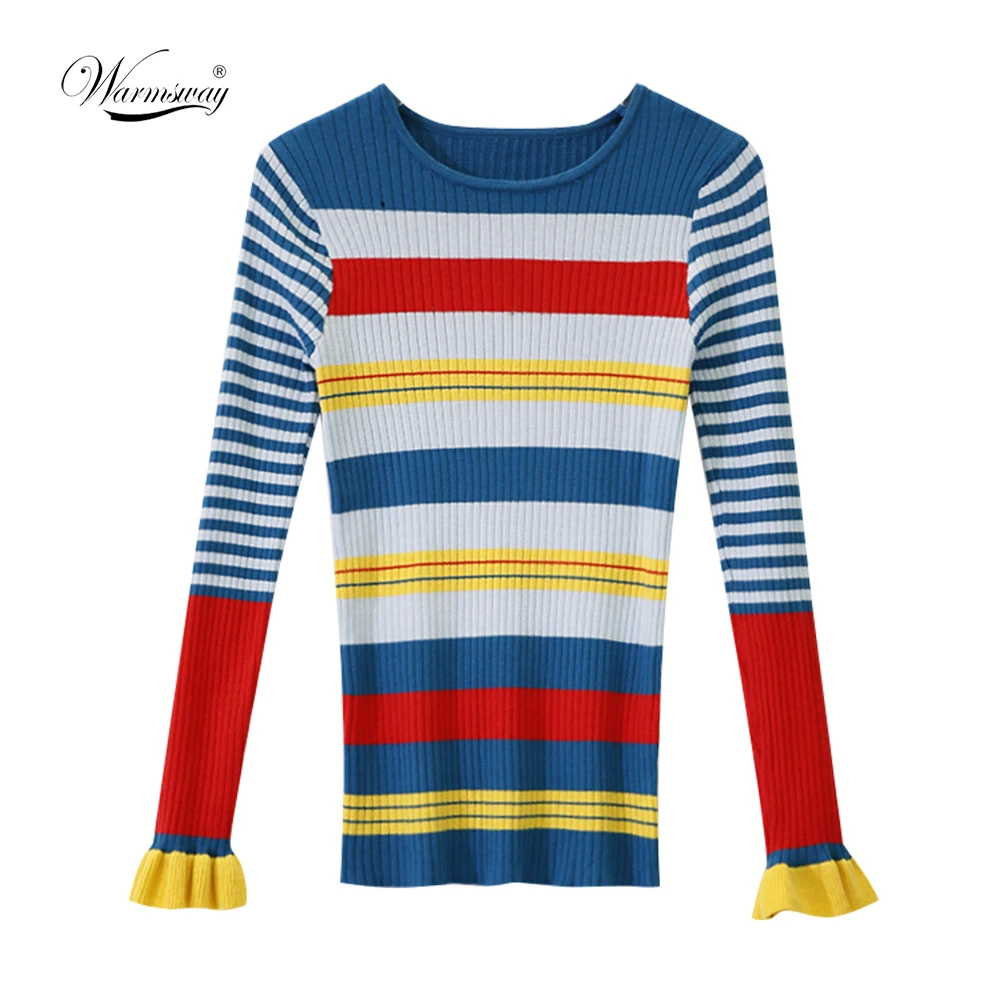 Women Sweater Pullover Basic Rib Knitted Cotton Tops Striped Crew Neck Essential Jumper Long Sleeve Sweaters B-157 | Женская одежда