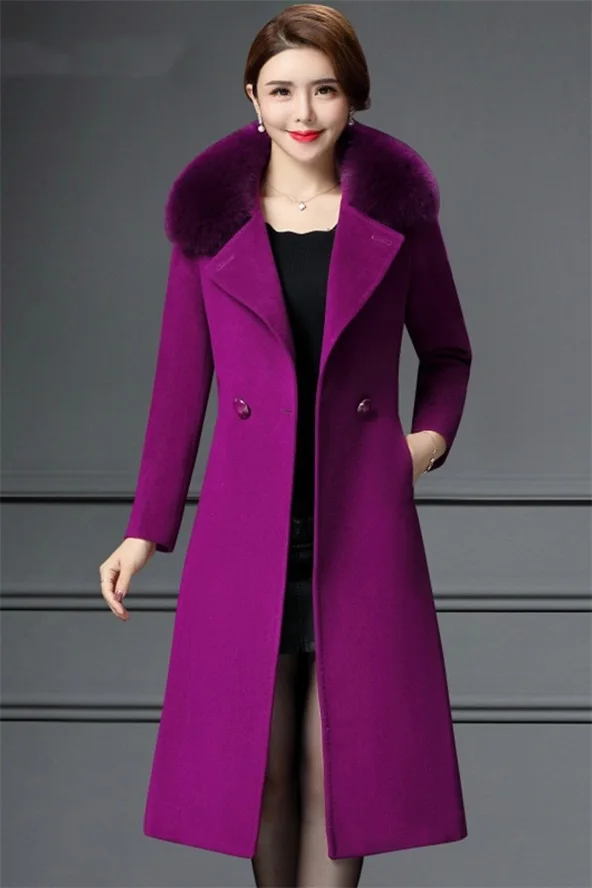 Special offer middle-aged self-cultivation women's winter coat long woolen coat solid color fur collar cashmere coat JQ01 - Цвет: Фиолетовый