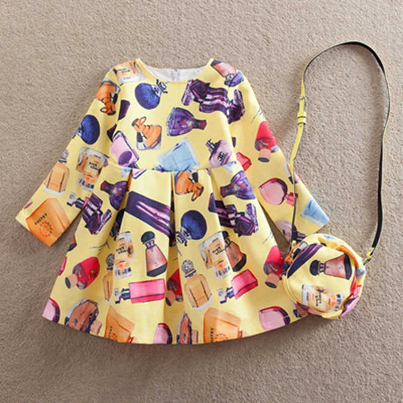 Новинка; платье с длинными рукавами для маленьких девочек; сезон осень-зима модное разноцветное нарядное платье с рюкзаком для девочек; WL172