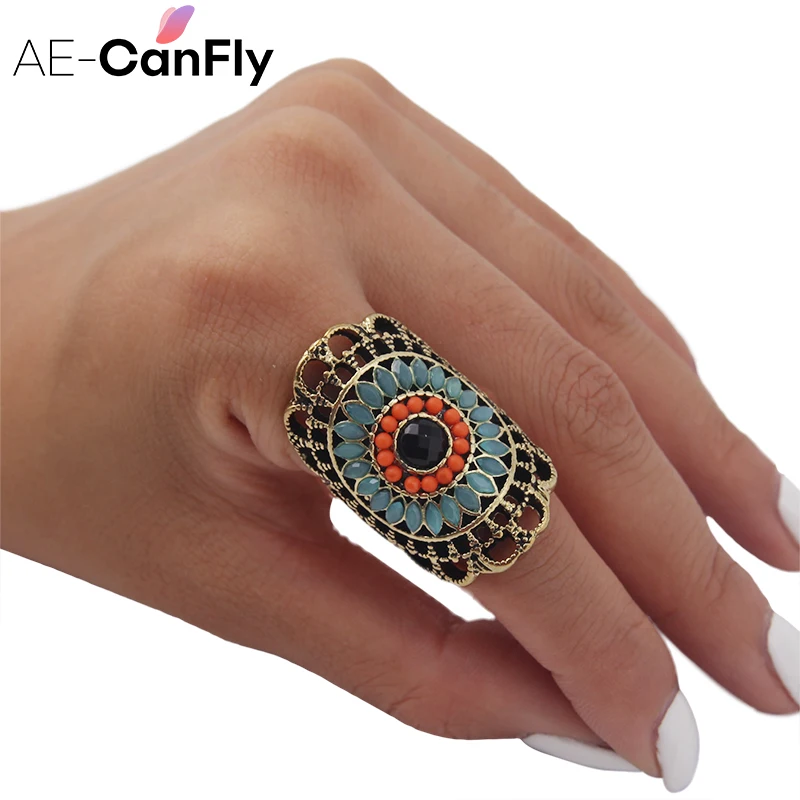 

AE-CANFLY Bohemian Retro Beads Rings for Women Hollow-Out Flower Ethnic Punk Midi Rings 2D3007