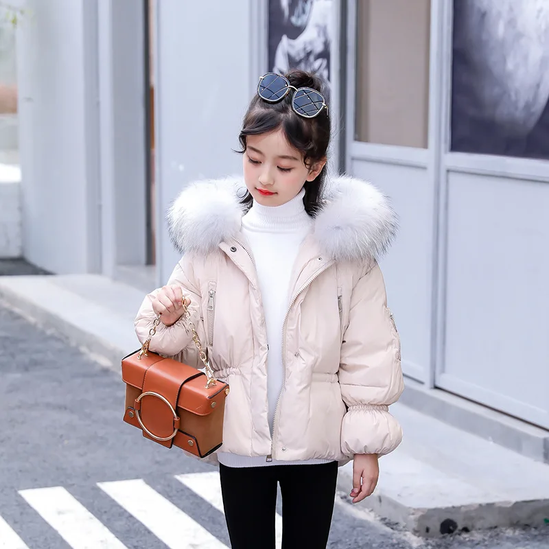 

Chinese girls' down jacket 2018 winter new Korean version short cap hats, thickened white eiderdown girls winter coat
