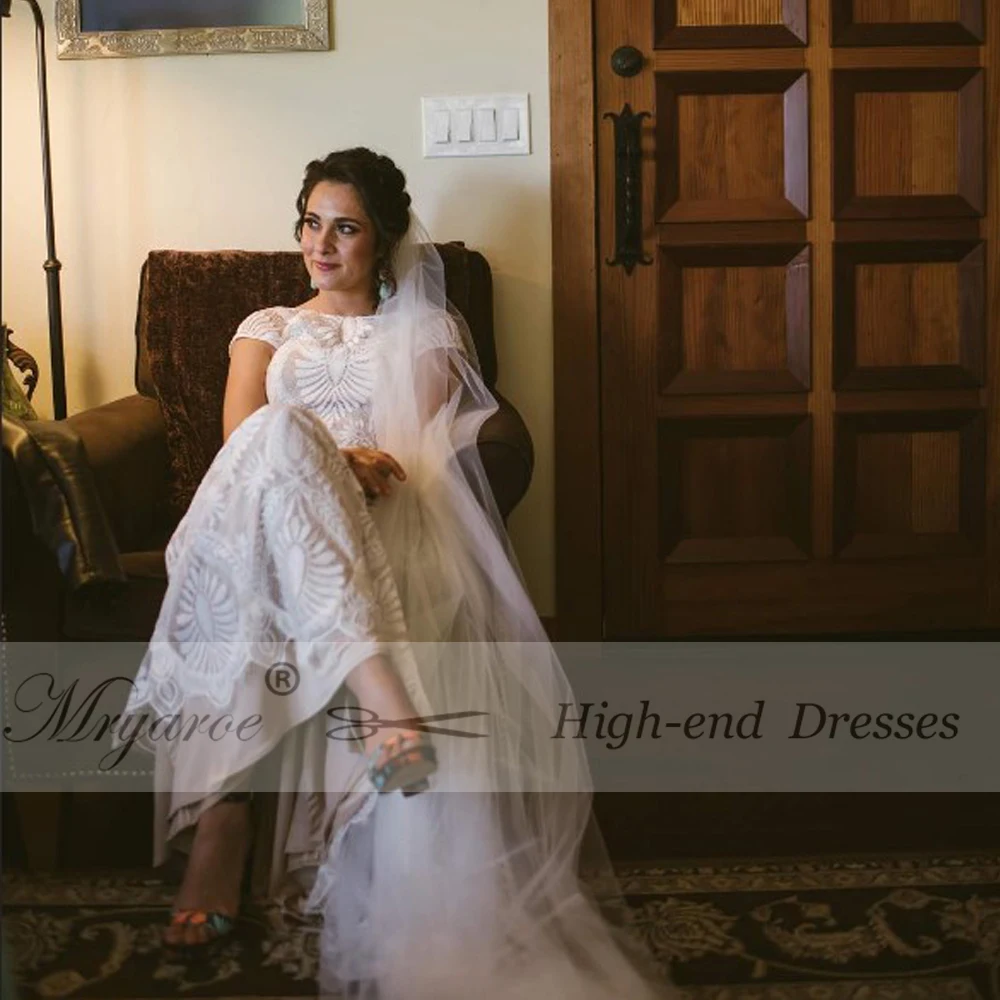 Mryarce Unique Lace Bohemian Wedding Dress With Cap Sleeves Open Back Mermaid Boho Bridal Gowns  (7)