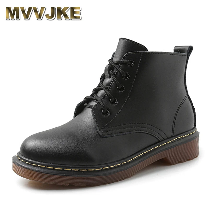 

MVVJKE Women Fashion Leather Ankle Boots Plus Size Lace Up Shoes Mar Boots Short Booties for Autumn Black White A028