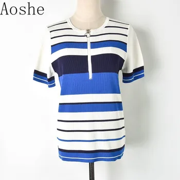 

The new spring and summer 2019 bump color stripe half zipper round collar short sleeve ms ice silk knits